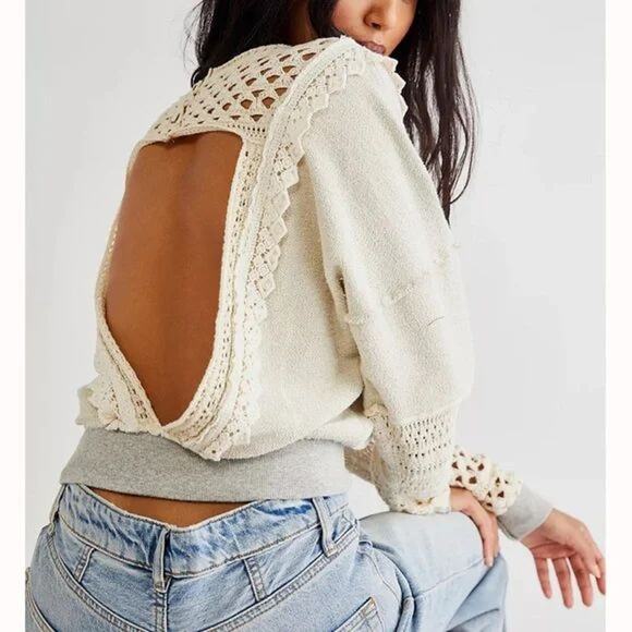 Free People Lace Of Base Oversized Crochet Knit Open Back Pieced Sweatshirt - Picture 3 of 11